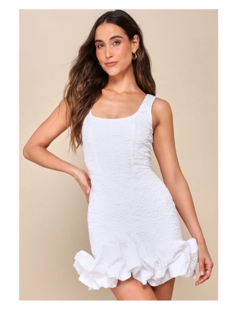 Lulu’s White Textured Ruffle-Hem Mini Dress - Picture 2 of 5